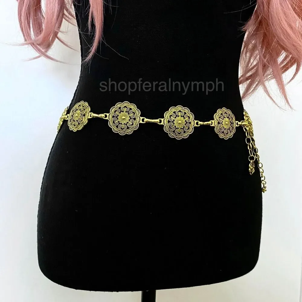 Gold Y2K Floral Mandala Boho Chain Belt, Fits 22.5-41.5 Inches, X7GA1281